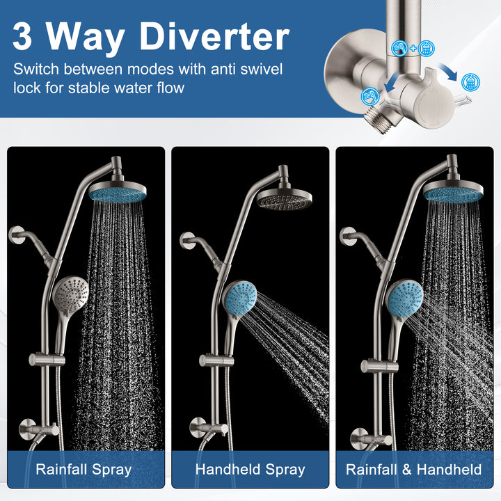 BRIGHT SHOWERS Rain Shower Head with Handheld Combo, Dual Shower System with Slide Bar, Rain Shower System, Adjustable Height, Brass Slide Bar & Diverter, 60 Inch Stainless Steel Hose