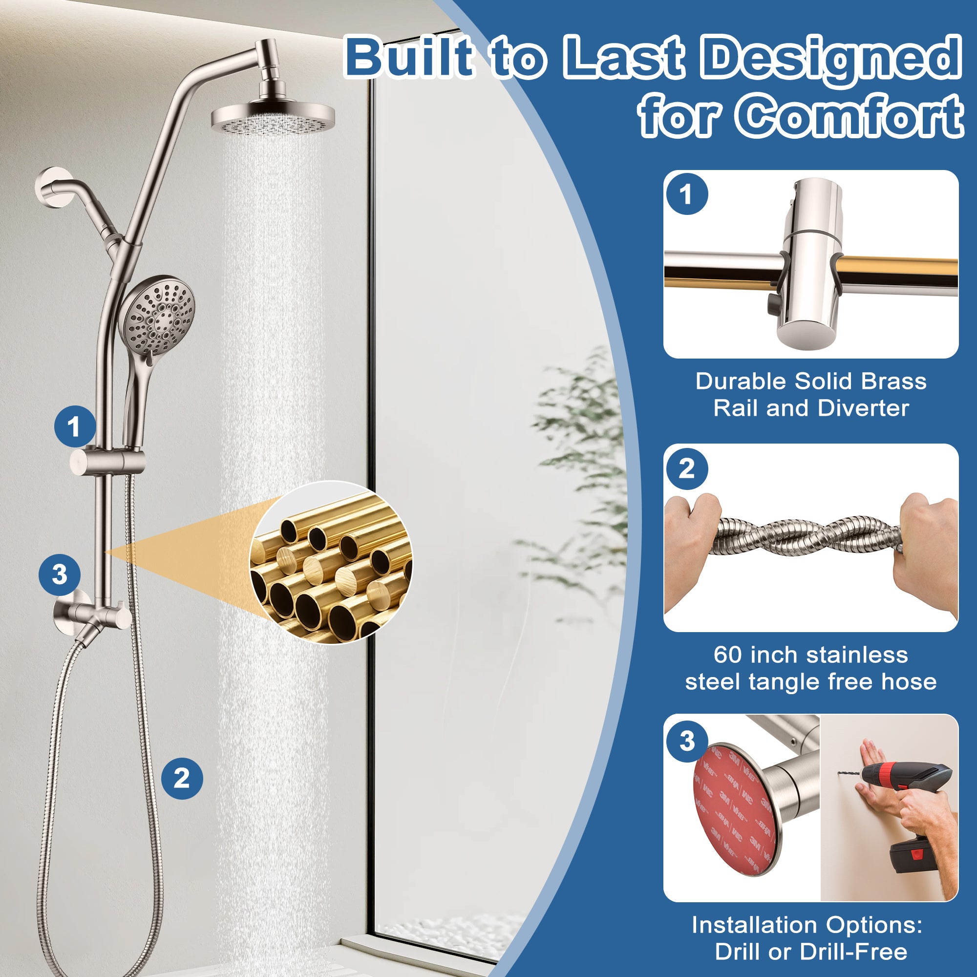 BRIGHT SHOWERS Rain Shower Head with Handheld Combo, Dual Shower System with Slide Bar, Rain Shower System, Adjustable Height, Brass Slide Bar & Diverter, 60 Inch Stainless Steel Hose