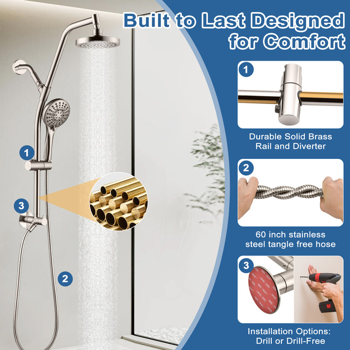 BRIGHT SHOWERS Rain Shower Head with Handheld Combo, Dual Shower System with Slide Bar, Rain Shower System, Adjustable Height, Brass Slide Bar & Diverter, 60 Inch Stainless Steel Hose