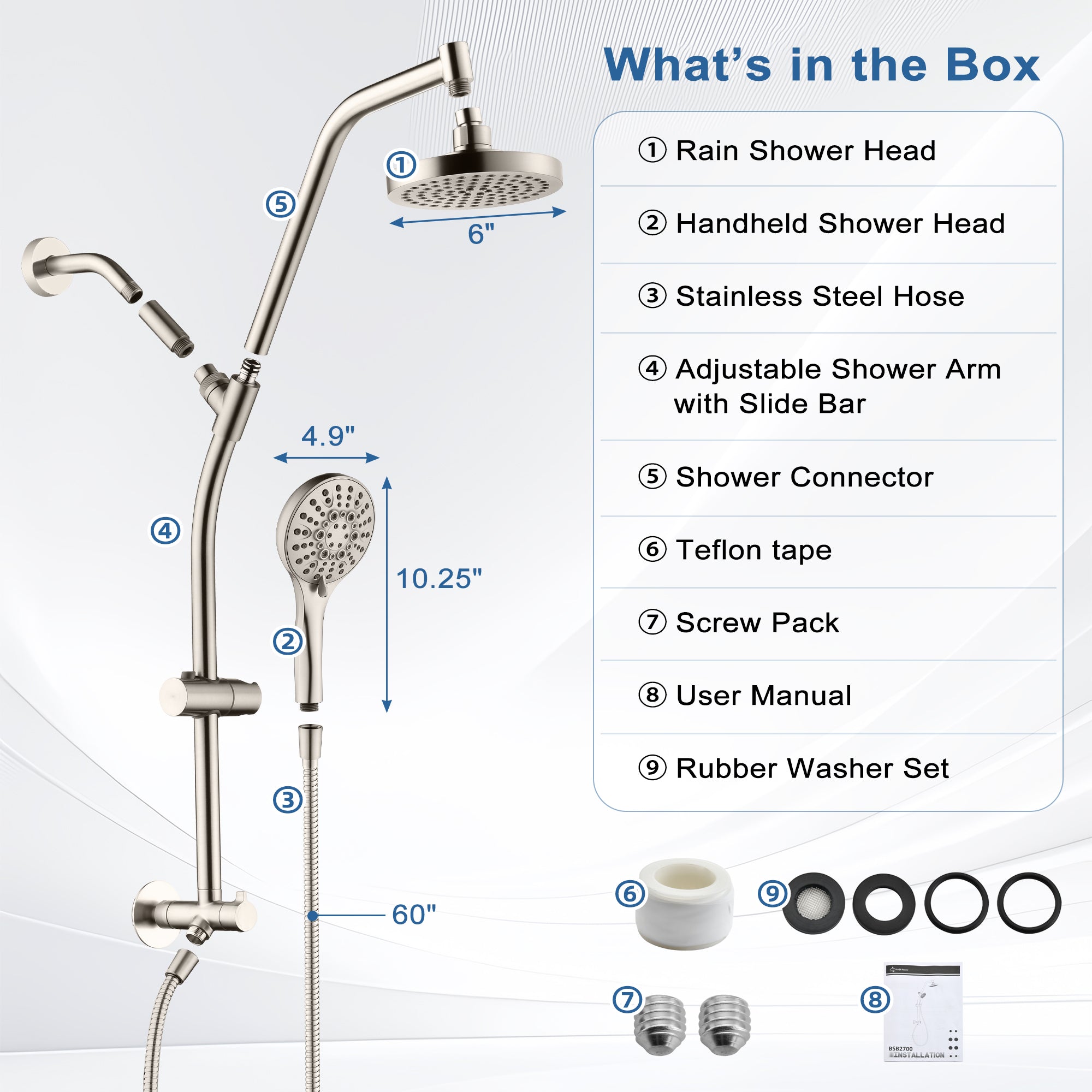 BRIGHT SHOWERS Rain Shower Head with Handheld Combo, Dual Shower System with Slide Bar, Rain Shower System, Adjustable Height, Brass Slide Bar & Diverter, 60 Inch Stainless Steel Hose