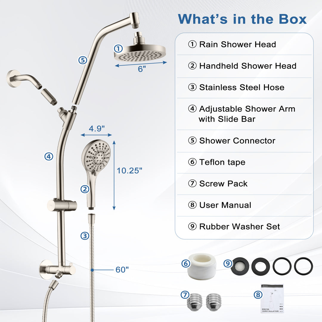 BRIGHT SHOWERS Rain Shower Head with Handheld Combo, Dual Shower System with Slide Bar, Rain Shower System, Adjustable Height, Brass Slide Bar & Diverter, 60 Inch Stainless Steel Hose