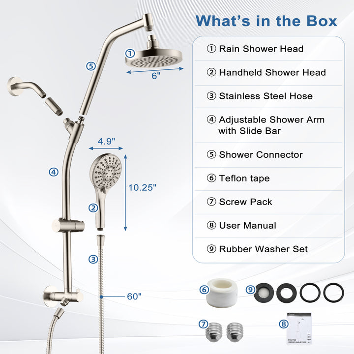 BRIGHT SHOWERS Rain Shower Head with Handheld Combo, Dual Shower System with Slide Bar, Rain Shower System, Adjustable Height, Brass Slide Bar & Diverter, 60 Inch Stainless Steel Hose