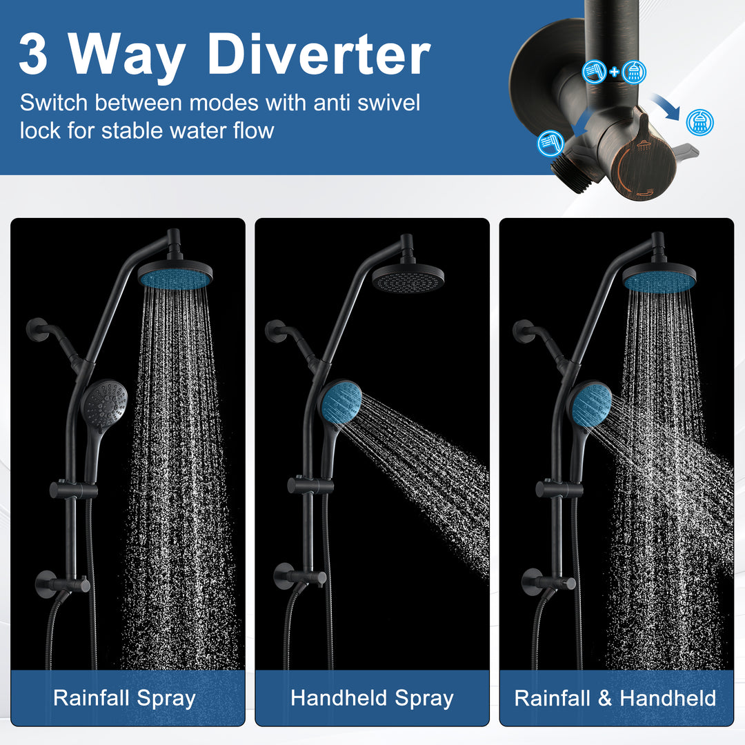 BRIGHT SHOWERS Rain Shower Head with Handheld Combo, Dual Shower System with Slide Bar, Rain Shower System, Adjustable Height, Brass Slide Bar & Diverter, 60 Inch Stainless Steel Hose