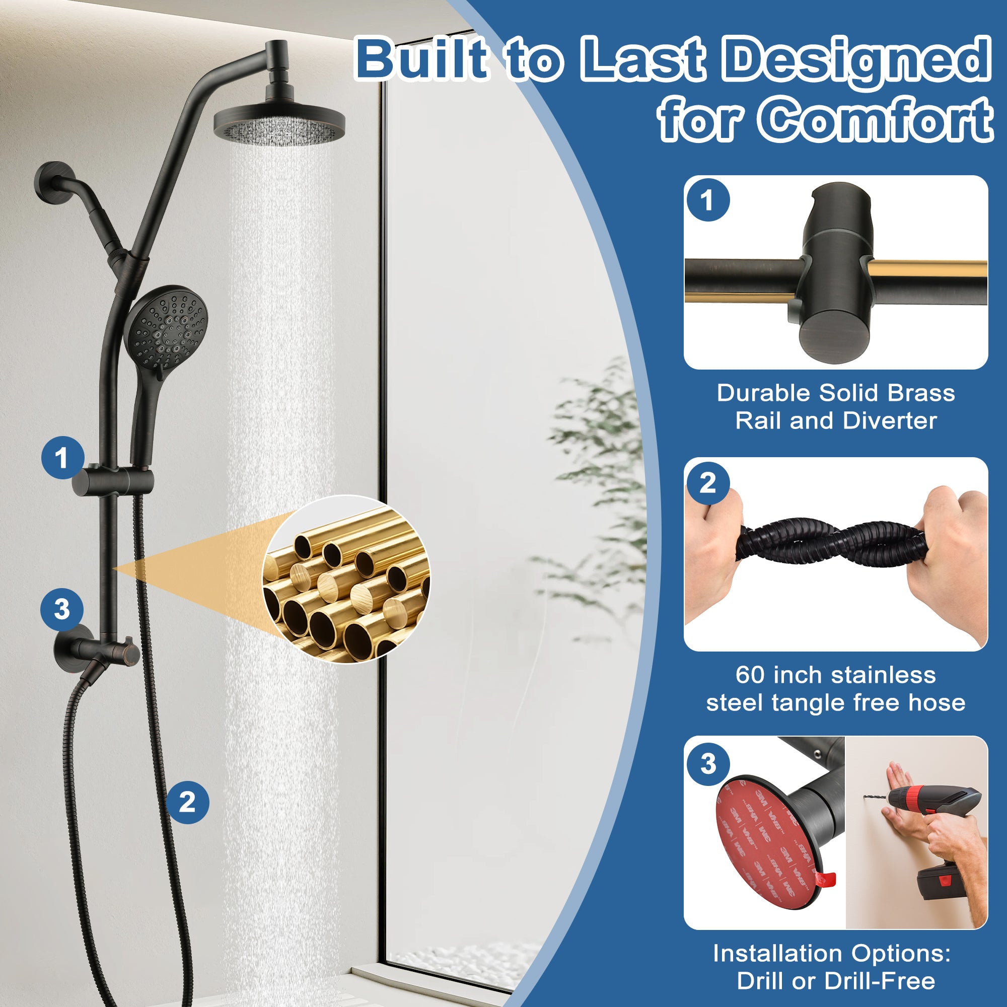 BRIGHT SHOWERS Rain Shower Head with Handheld Combo, Dual Shower System with Slide Bar, Rain Shower System, Adjustable Height, Brass Slide Bar & Diverter, 60 Inch Stainless Steel Hose