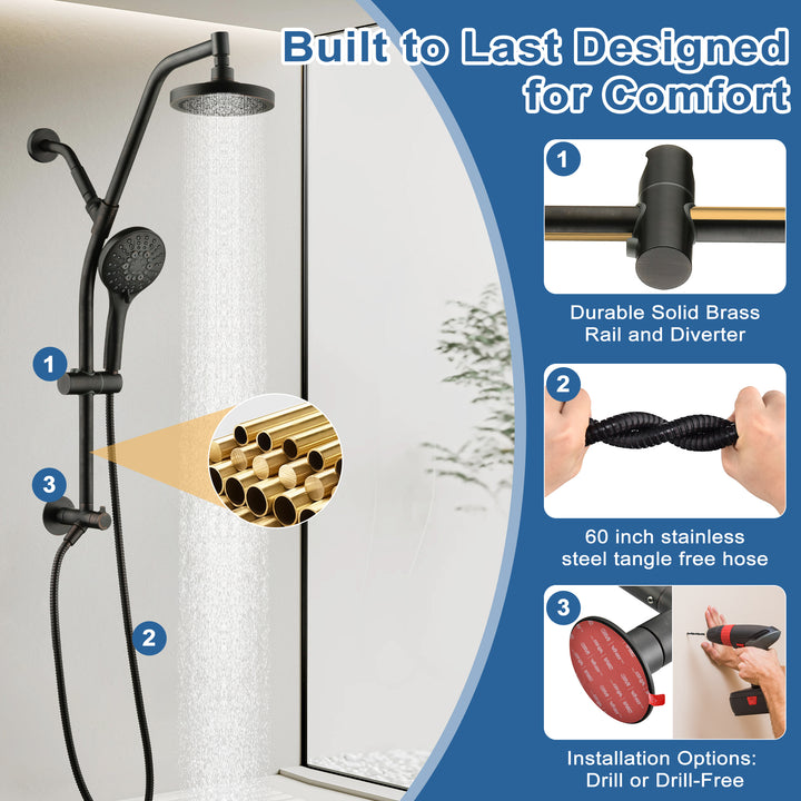 BRIGHT SHOWERS Rain Shower Head with Handheld Combo, Dual Shower System with Slide Bar, Rain Shower System, Adjustable Height, Brass Slide Bar & Diverter, 60 Inch Stainless Steel Hose