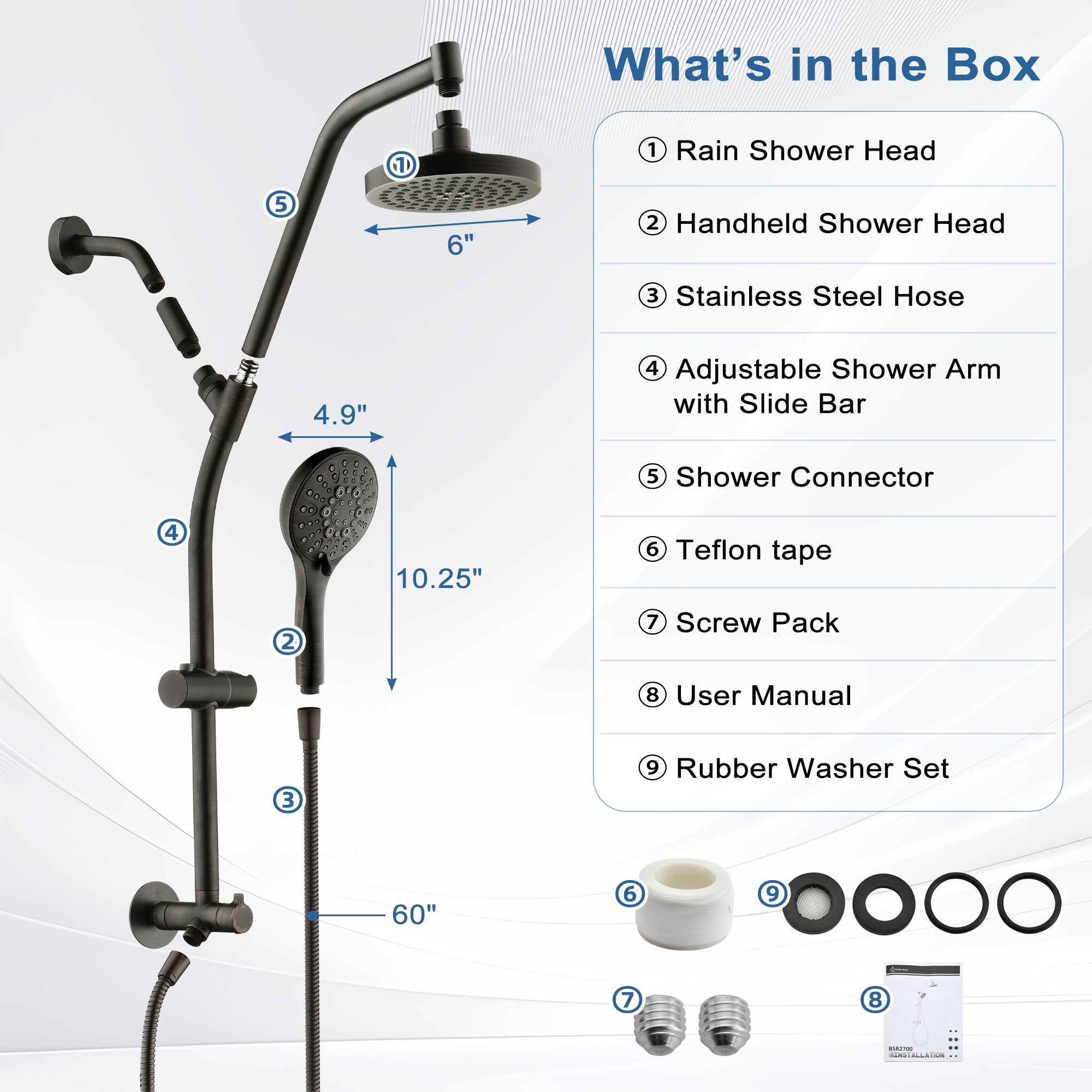 BRIGHT SHOWERS Rain Shower Head with Handheld Combo, Dual Shower System with Slide Bar, Rain Shower System, Adjustable Height, Brass Slide Bar & Diverter, 60 Inch Stainless Steel Hose