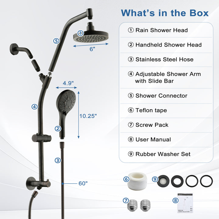 BRIGHT SHOWERS Rain Shower Head with Handheld Combo, Dual Shower System with Slide Bar, Rain Shower System, Adjustable Height, Brass Slide Bar & Diverter, 60 Inch Stainless Steel Hose