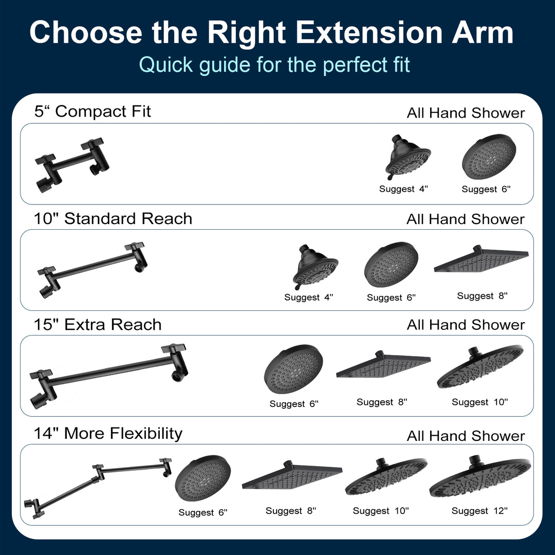 Solid Brass Shower Arm Extension, Adjustable Height & Angle, 5", 10", 14" & 15" Options
