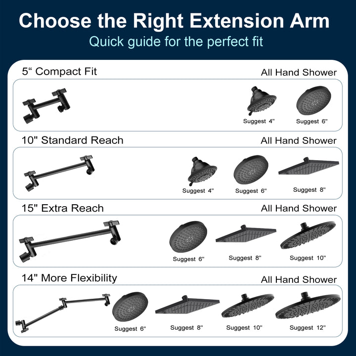 Solid Brass Shower Arm Extension, Adjustable Height & Angle, 5", 10", 14" & 15" Options
