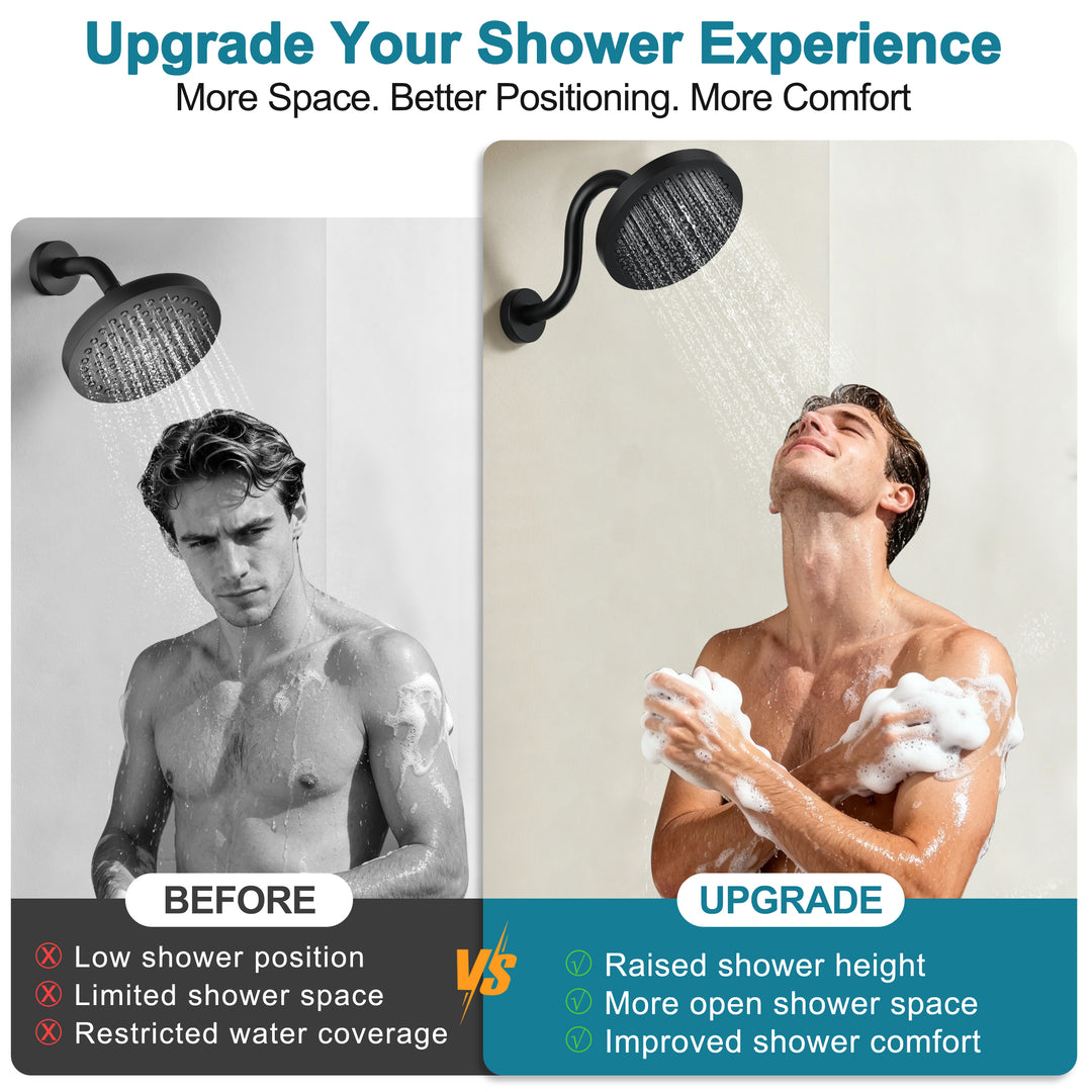 BRIGHT SHOWERS Shower Arm Extension, High Rise S-Shaped Shower Arm, Heavy-Duty SUS304 Stainless Steel, Gooseneck Shower Head Extension Arm, 6 & 8 & 10 Inch