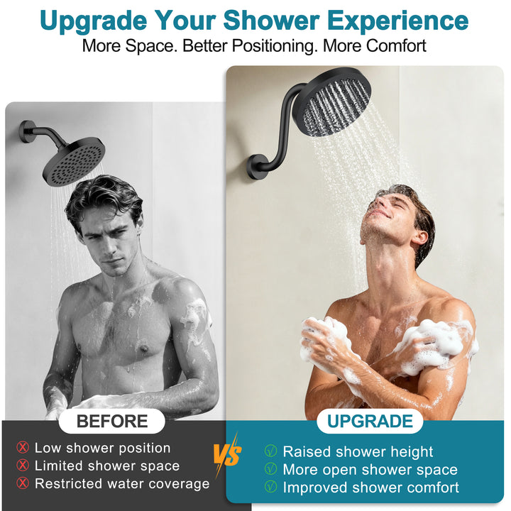 BRIGHT SHOWERS Shower Arm Extension, High Rise S-Shaped Shower Arm, Heavy-Duty SUS304 Stainless Steel, Gooseneck Shower Head Extension Arm, 6 & 8 & 10 Inch