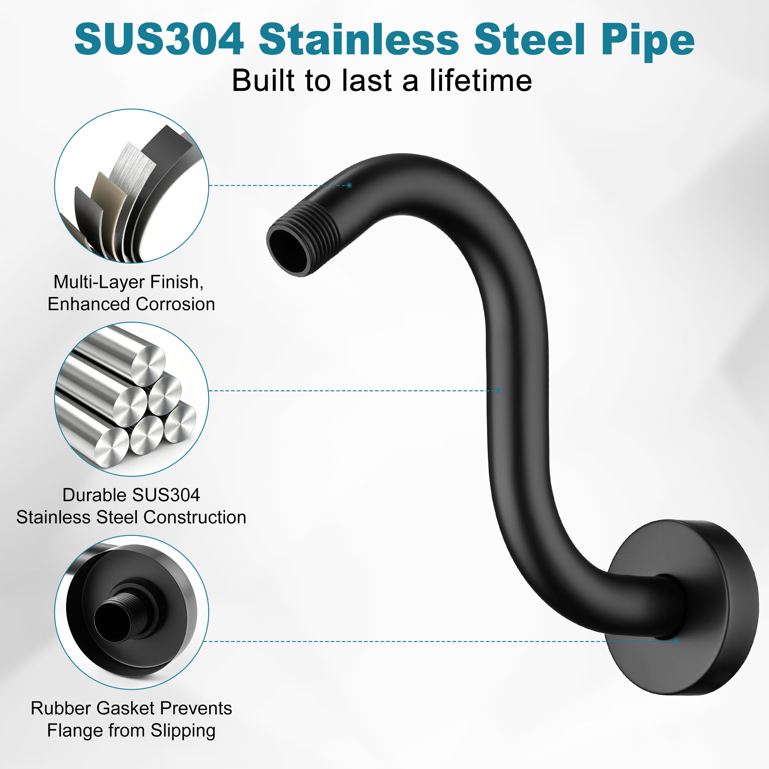 BRIGHT SHOWERS Shower Arm Extension, High Rise S-Shaped Shower Arm, Heavy-Duty SUS304 Stainless Steel, Gooseneck Shower Head Extension Arm, 6 & 8 & 10 Inch
