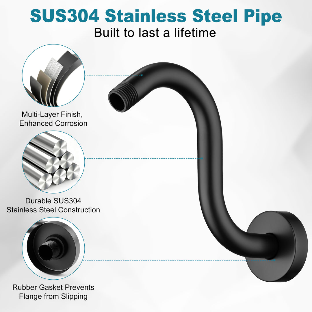 BRIGHT SHOWERS Shower Arm Extension, High Rise S-Shaped Shower Arm, Heavy-Duty SUS304 Stainless Steel, Gooseneck Shower Head Extension Arm, 6 & 8 & 10 Inch