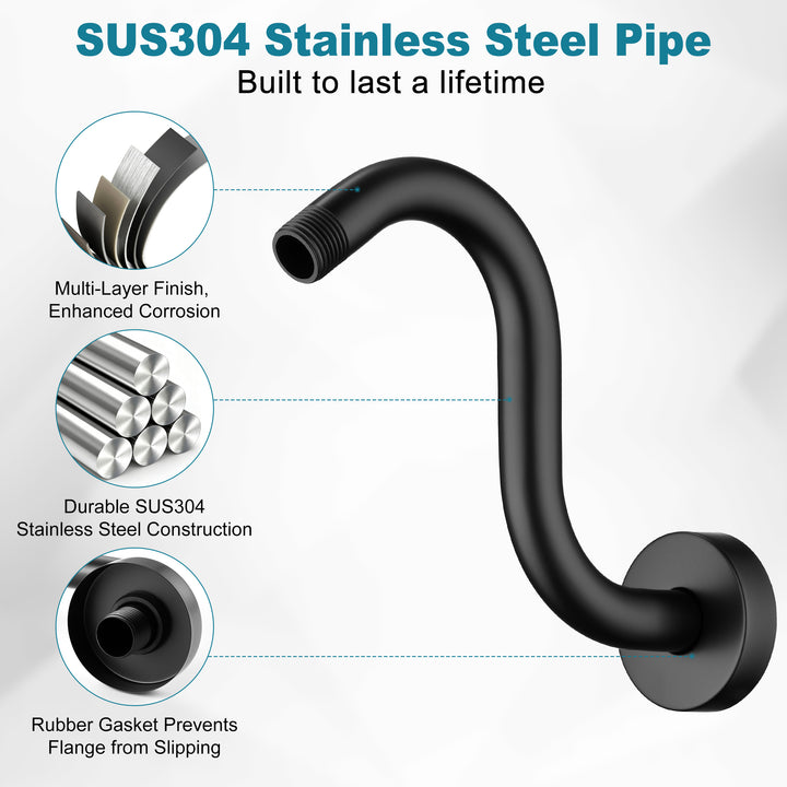 BRIGHT SHOWERS Shower Arm Extension, High Rise S-Shaped Shower Arm, Heavy-Duty SUS304 Stainless Steel, Gooseneck Shower Head Extension Arm, 6 & 8 & 10 Inch
