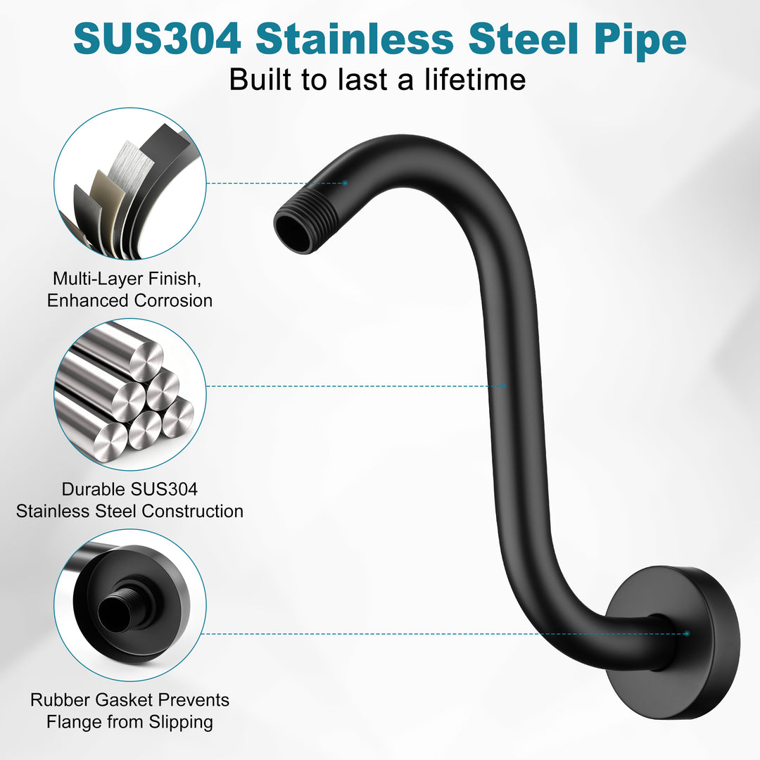 BRIGHT SHOWERS Shower Arm Extension, High Rise S-Shaped Shower Arm, Heavy-Duty SUS304 Stainless Steel, Gooseneck Shower Head Extension Arm, 6 & 8 & 10 Inch