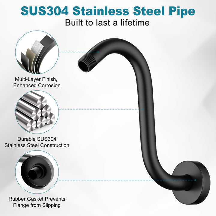 BRIGHT SHOWERS Shower Arm Extension, High Rise S-Shaped Shower Arm, Heavy-Duty SUS304 Stainless Steel, Gooseneck Shower Head Extension Arm, 6 & 8 & 10 Inch