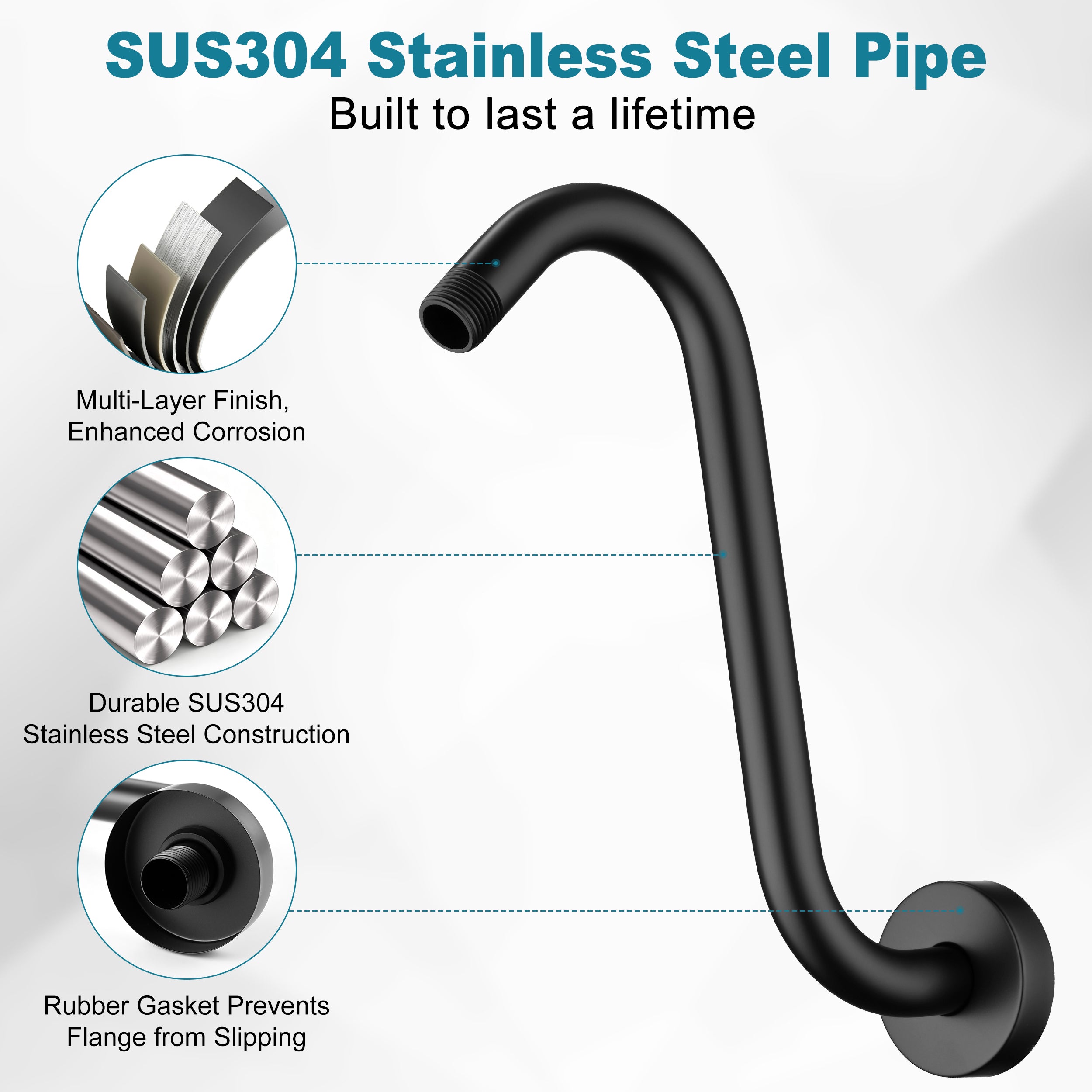 BRIGHT SHOWERS Shower Arm Extension, High Rise S-Shaped Shower Arm, Heavy-Duty SUS304 Stainless Steel, Gooseneck Shower Head Extension Arm, 6 & 8 & 10 Inch