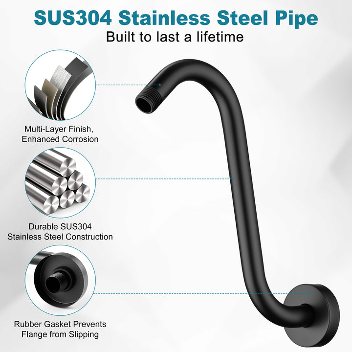 BRIGHT SHOWERS Shower Arm Extension, High Rise S-Shaped Shower Arm, Heavy-Duty SUS304 Stainless Steel, Gooseneck Shower Head Extension Arm, 6 & 8 & 10 Inch