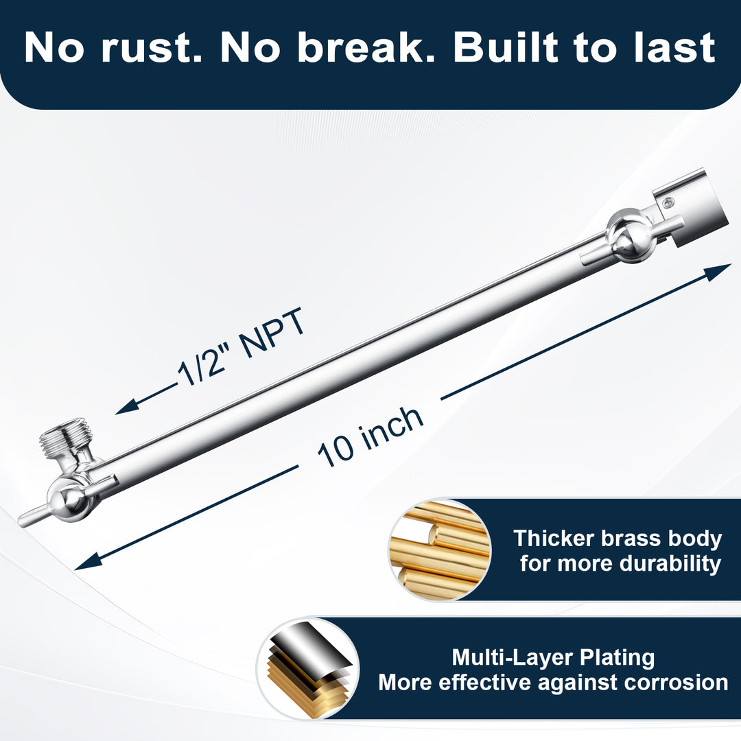 Solid Brass Shower Arm Extension, Adjustable Height & Angle, 5", 10", 14" & 15" Options