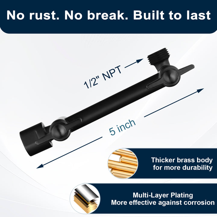 Solid Brass Shower Arm Extension, Adjustable Height & Angle, 5", 10", 14" & 15" Options