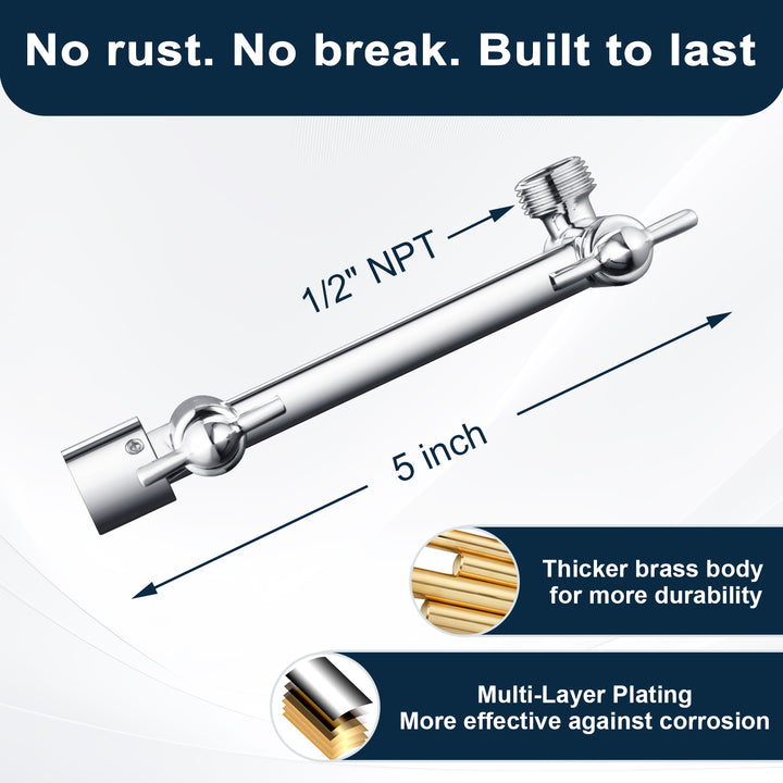 Solid Brass Shower Arm Extension, Adjustable Height & Angle, 5", 10", 14" & 15" Options