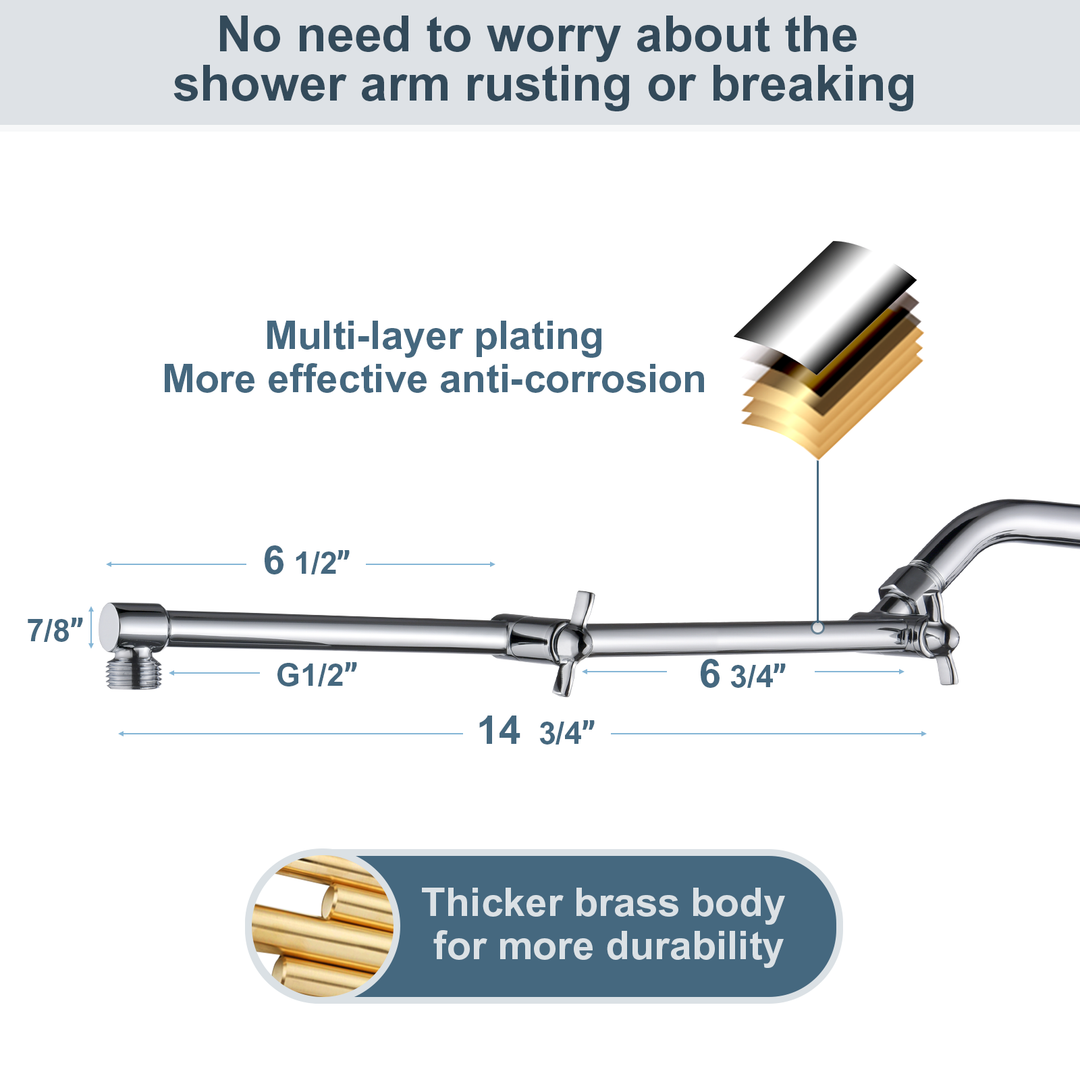 Solid Brass Shower Arm Extension, Adjustable Height & Angle, 5", 10", 14" & 15" Options