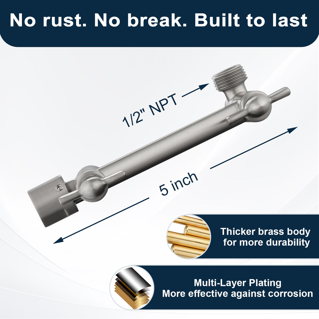 Solid Brass Shower Arm Extension, Adjustable Height & Angle, 5", 10", 14" & 15" Options