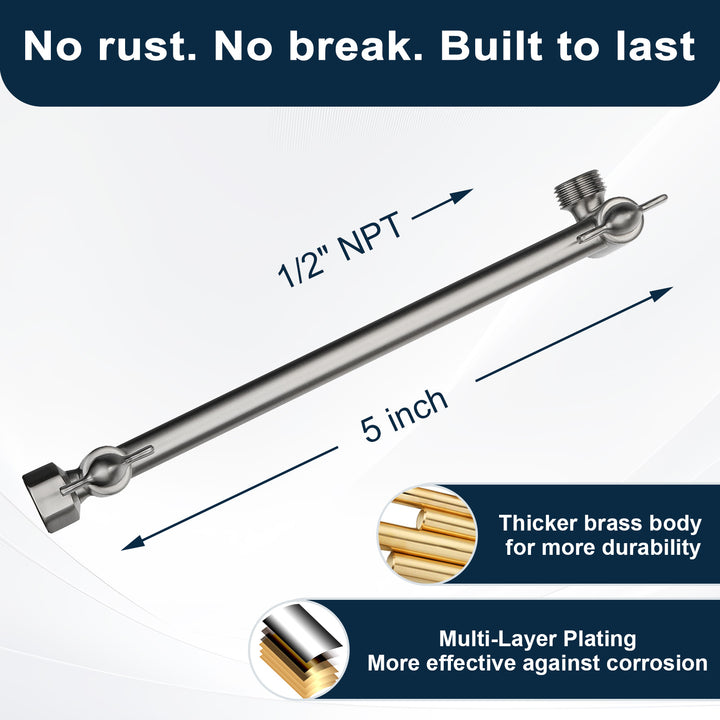 Solid Brass Shower Arm Extension, Adjustable Height & Angle, 5", 10", 14" & 15" Options