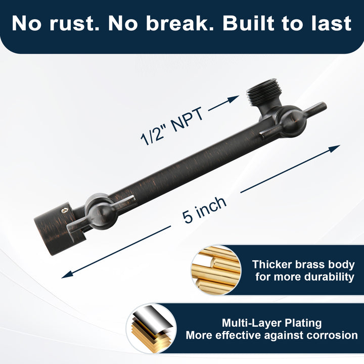 Solid Brass Shower Arm Extension, Adjustable Height & Angle, 5", 10", 14" & 15" Options