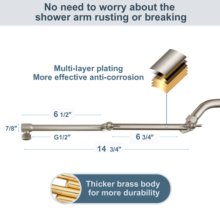 Solid Brass Shower Arm Extension, Adjustable Height & Angle, 5", 10", 14" & 15" Options