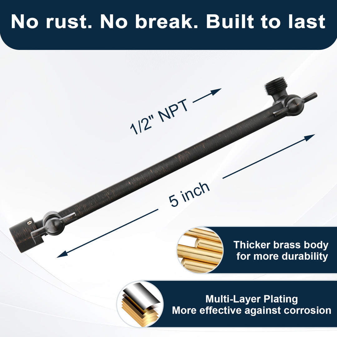 Solid Brass Shower Arm Extension, Adjustable Height & Angle, 5", 10", 14" & 15" Options