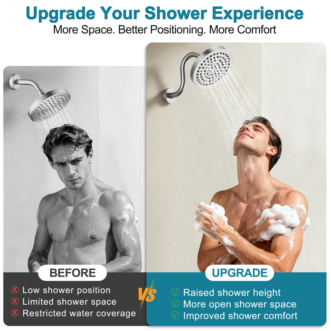 BRIGHT SHOWERS Shower Arm Extension, High Rise S-Shaped Shower Arm, Heavy-Duty SUS304 Stainless Steel, Gooseneck Shower Head Extension Arm, 6 & 8 & 10 Inch