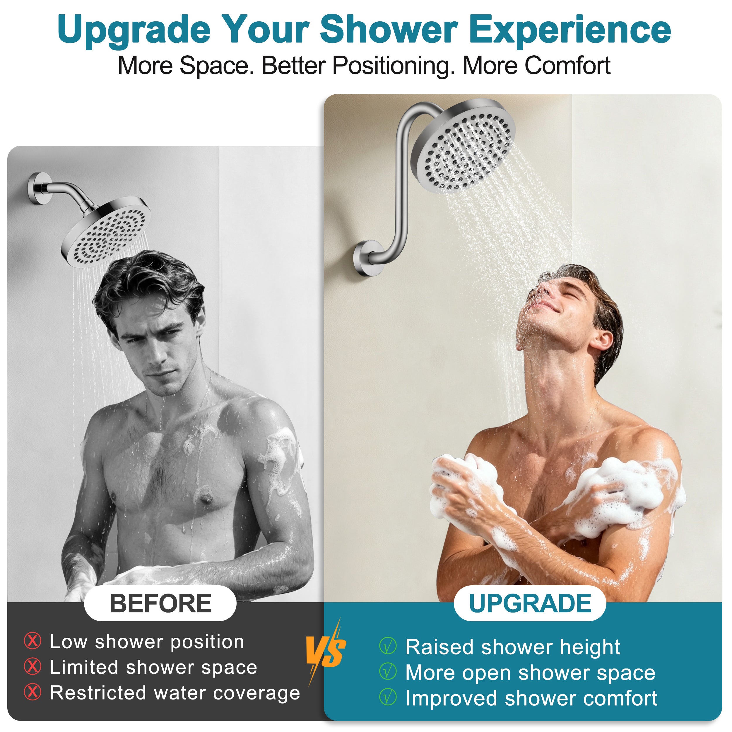 BRIGHT SHOWERS Shower Arm Extension, High Rise S-Shaped Shower Arm, Heavy-Duty SUS304 Stainless Steel, Gooseneck Shower Head Extension Arm, 6 & 8 & 10 Inch
