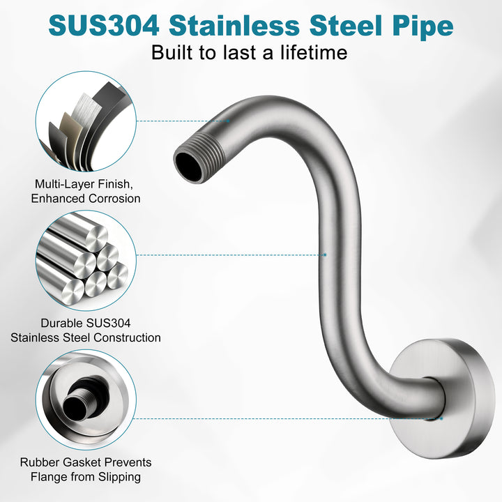 BRIGHT SHOWERS Shower Arm Extension, High Rise S-Shaped Shower Arm, Heavy-Duty SUS304 Stainless Steel, Gooseneck Shower Head Extension Arm, 6 & 8 & 10 Inch