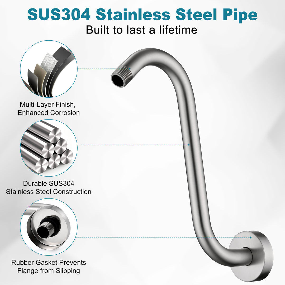 BRIGHT SHOWERS Shower Arm Extension, High Rise S-Shaped Shower Arm, Heavy-Duty SUS304 Stainless Steel, Gooseneck Shower Head Extension Arm, 6 & 8 & 10 Inch