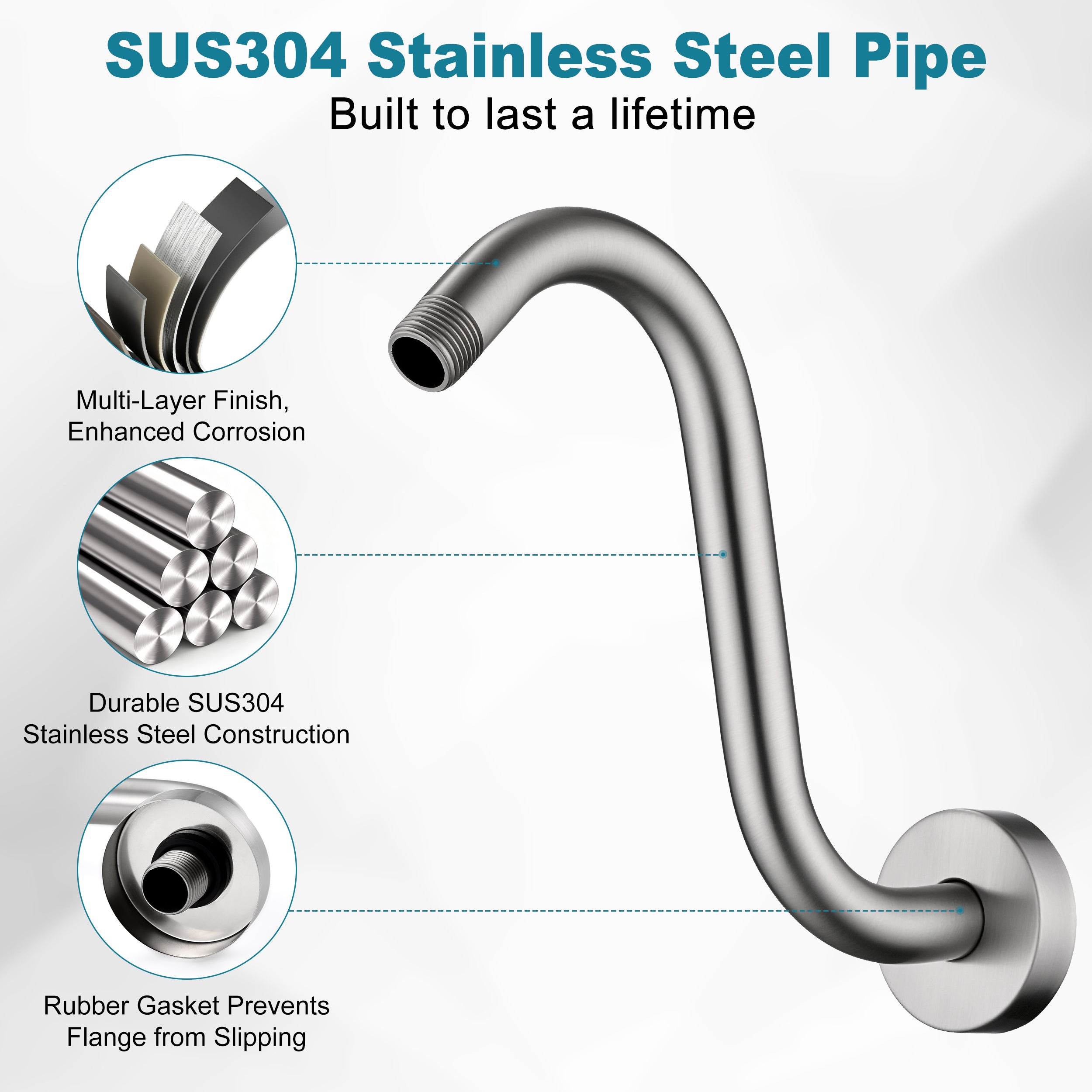 BRIGHT SHOWERS Shower Arm Extension, High Rise S-Shaped Shower Arm, Heavy-Duty SUS304 Stainless Steel, Gooseneck Shower Head Extension Arm, 6 & 8 & 10 Inch