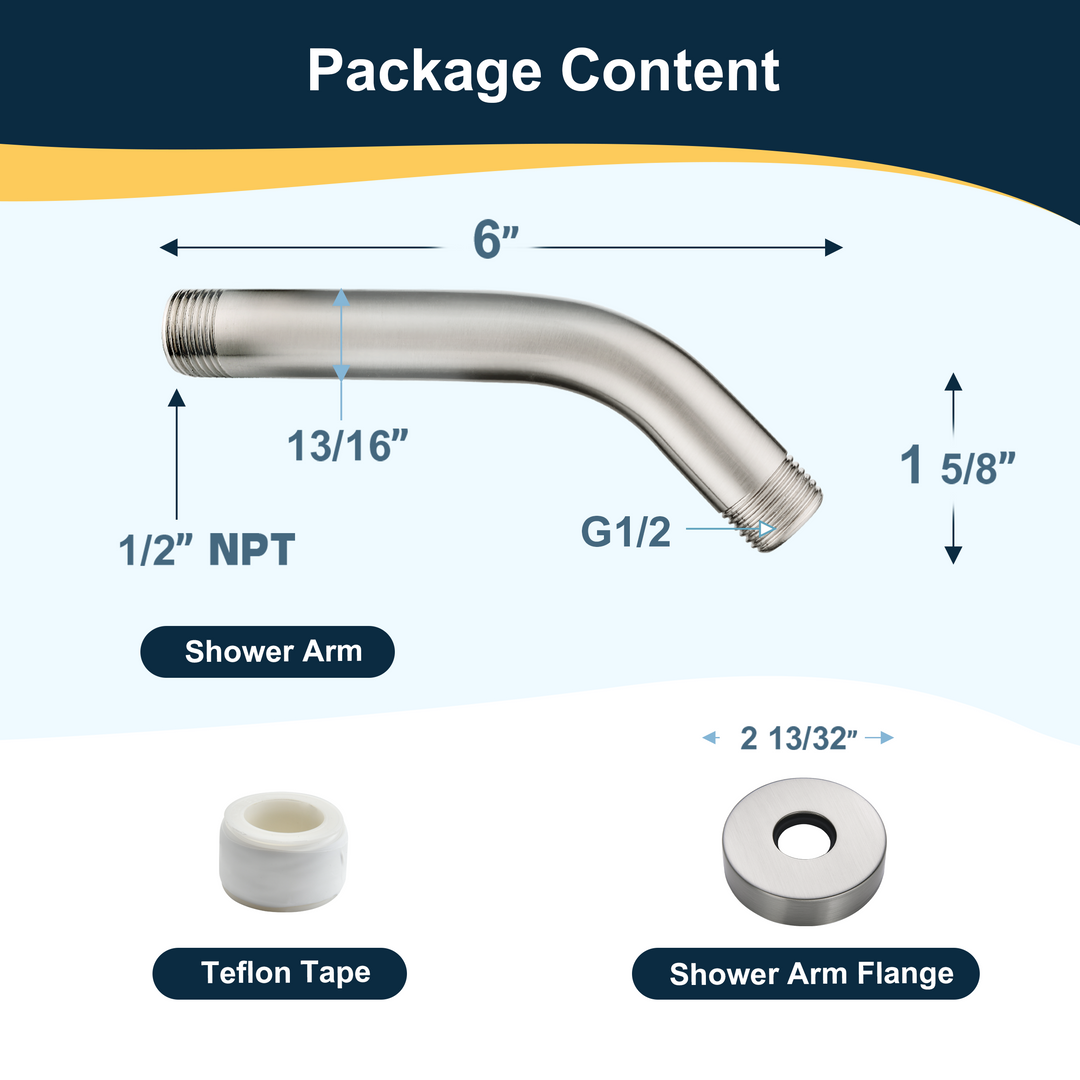 6 & 10" Solid Brass Shower Arm with Universal G1/2 Connection