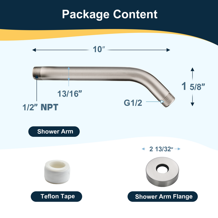 6 & 10" Solid Brass Shower Arm with Universal G1/2 Connection