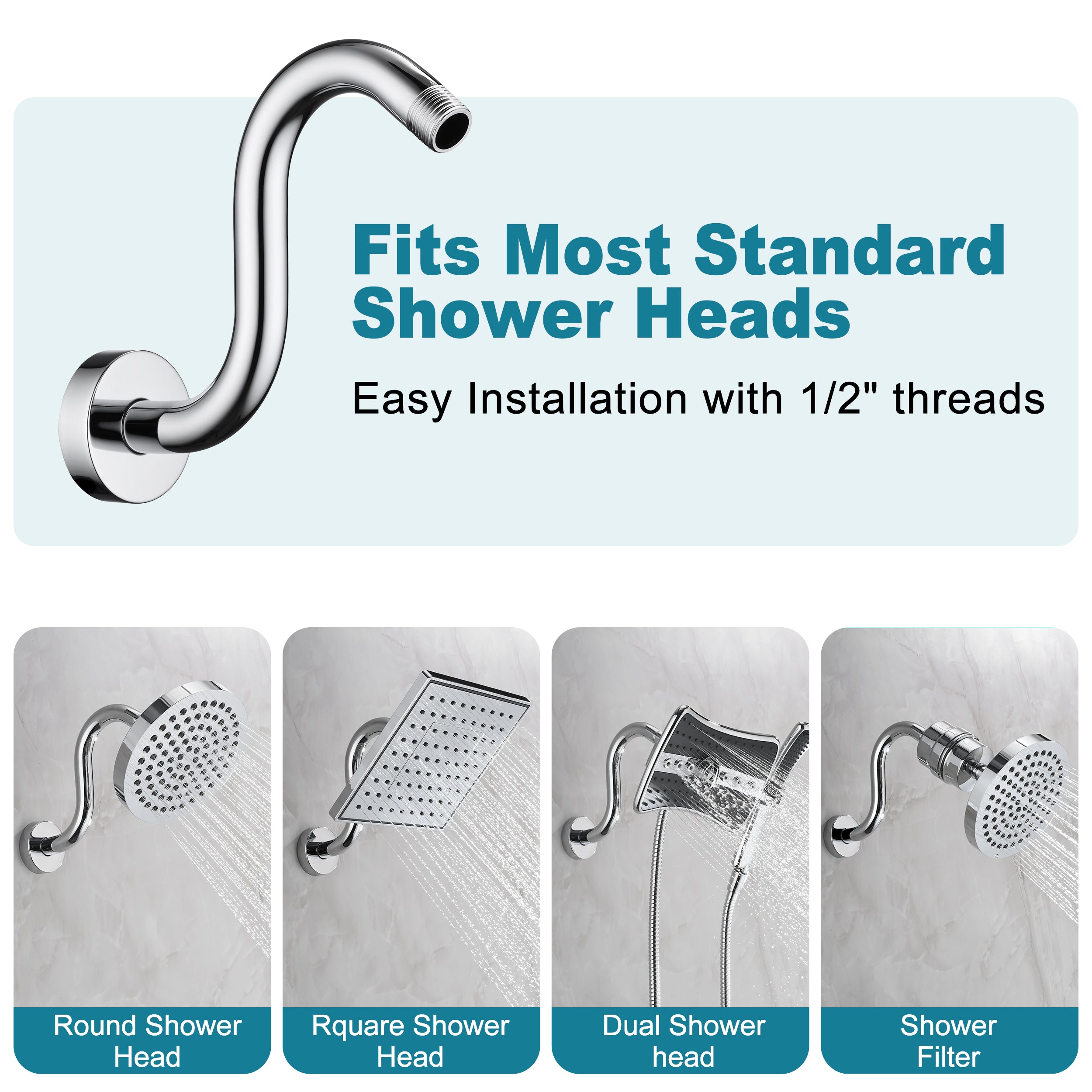 BRIGHT SHOWERS Shower Arm Extension, High Rise S-Shaped Shower Arm, Heavy-Duty SUS304 Stainless Steel, Gooseneck Shower Head Extension Arm, 6 & 8 & 10 Inch