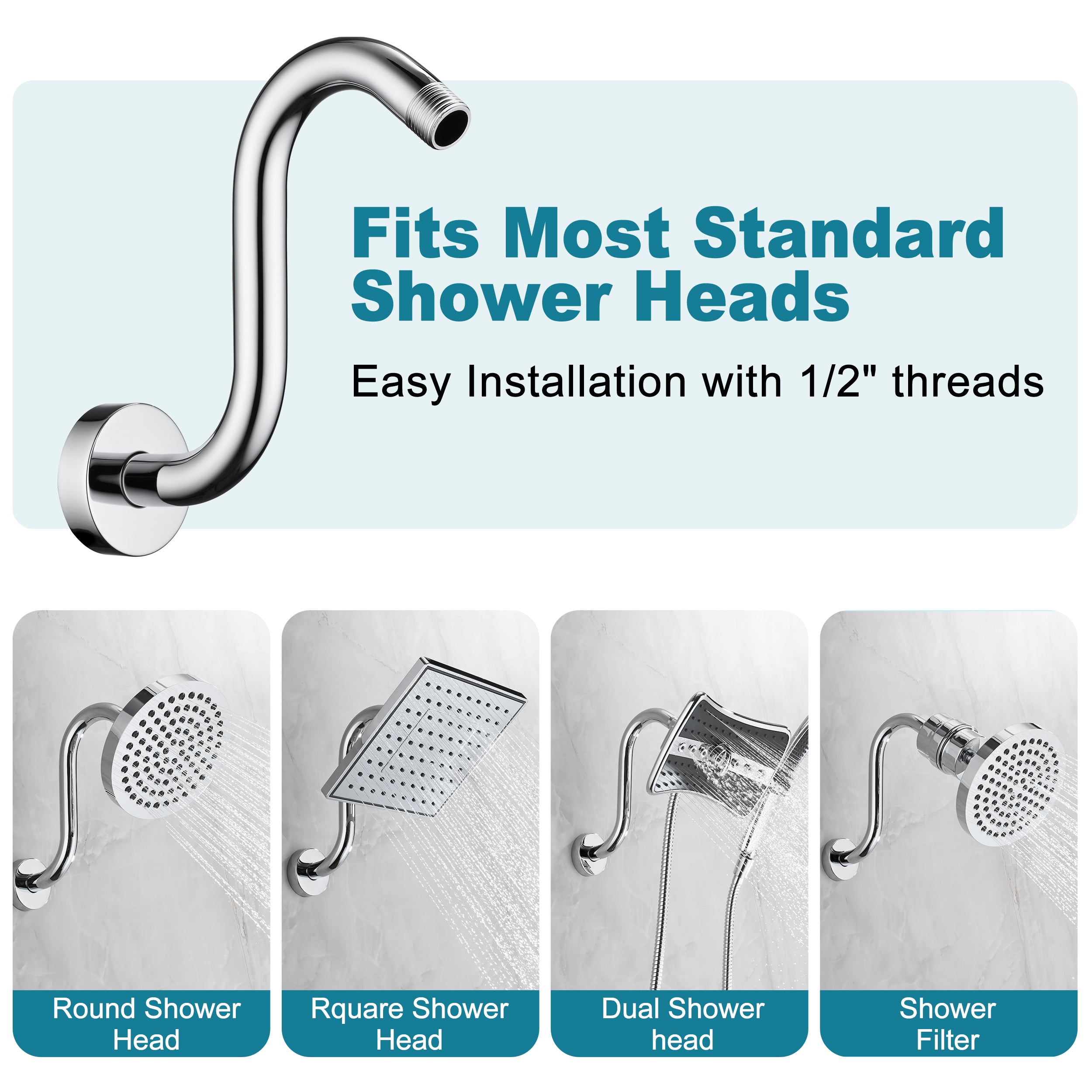 BRIGHT SHOWERS Shower Arm Extension, High Rise S-Shaped Shower Arm, Heavy-Duty SUS304 Stainless Steel, Gooseneck Shower Head Extension Arm, 6 & 8 & 10 Inch