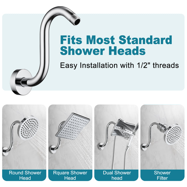 BRIGHT SHOWERS Shower Arm Extension, High Rise S-Shaped Shower Arm, Heavy-Duty SUS304 Stainless Steel, Gooseneck Shower Head Extension Arm, 6 & 8 & 10 Inch