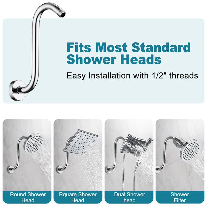 BRIGHT SHOWERS Shower Arm Extension, High Rise S-Shaped Shower Arm, Heavy-Duty SUS304 Stainless Steel, Gooseneck Shower Head Extension Arm, 6 & 8 & 10 Inch