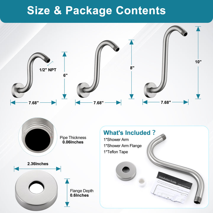 BRIGHT SHOWERS Shower Arm Extension, High Rise S-Shaped Shower Arm, Heavy-Duty SUS304 Stainless Steel, Gooseneck Shower Head Extension Arm, 6 & 8 & 10 Inch