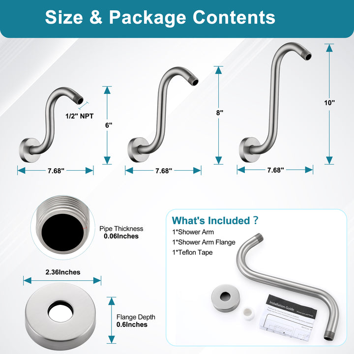 BRIGHT SHOWERS Shower Arm Extension, High Rise S-Shaped Shower Arm, Heavy-Duty SUS304 Stainless Steel, Gooseneck Shower Head Extension Arm, 6 & 8 & 10 Inch