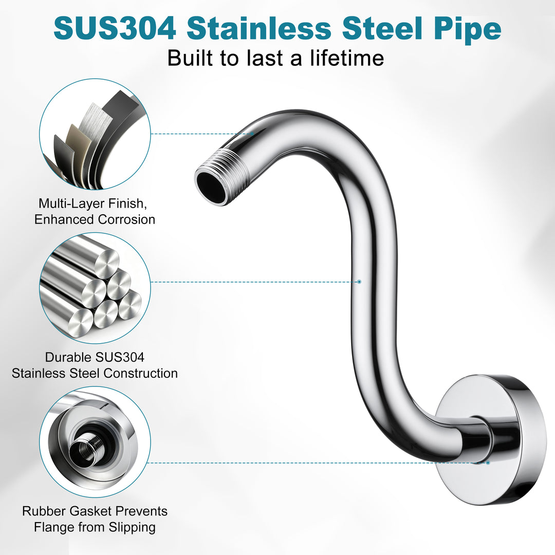 BRIGHT SHOWERS Shower Arm Extension, High Rise S-Shaped Shower Arm, Heavy-Duty SUS304 Stainless Steel, Gooseneck Shower Head Extension Arm, 6 & 8 & 10 Inch
