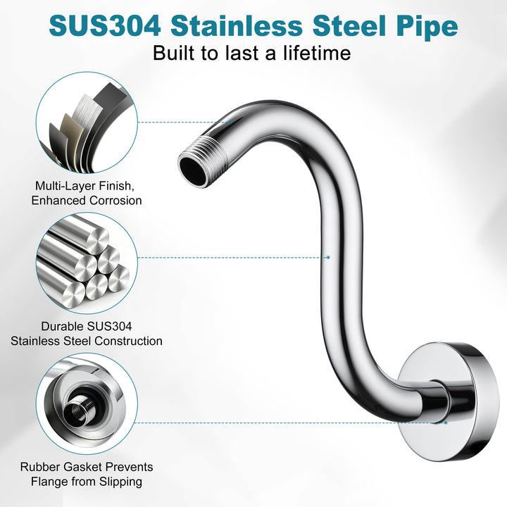 BRIGHT SHOWERS Shower Arm Extension, High Rise S-Shaped Shower Arm, Heavy-Duty SUS304 Stainless Steel, Gooseneck Shower Head Extension Arm, 6 & 8 & 10 Inch