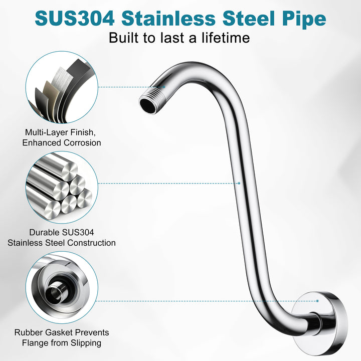 BRIGHT SHOWERS Shower Arm Extension, High Rise S-Shaped Shower Arm, Heavy-Duty SUS304 Stainless Steel, Gooseneck Shower Head Extension Arm, 6 & 8 & 10 Inch