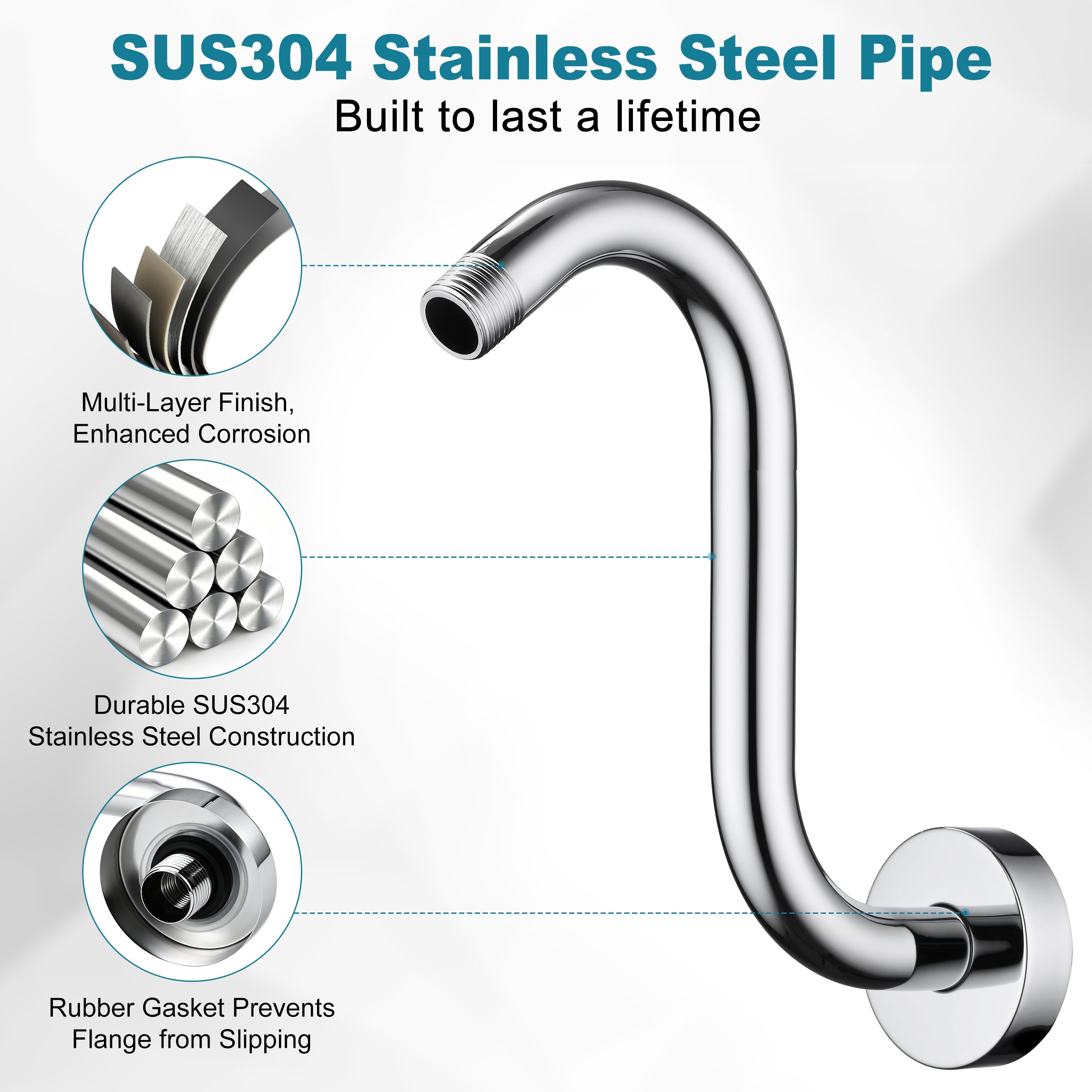 BRIGHT SHOWERS Shower Arm Extension, High Rise S-Shaped Shower Arm, Heavy-Duty SUS304 Stainless Steel, Gooseneck Shower Head Extension Arm, 6 & 8 & 10 Inch