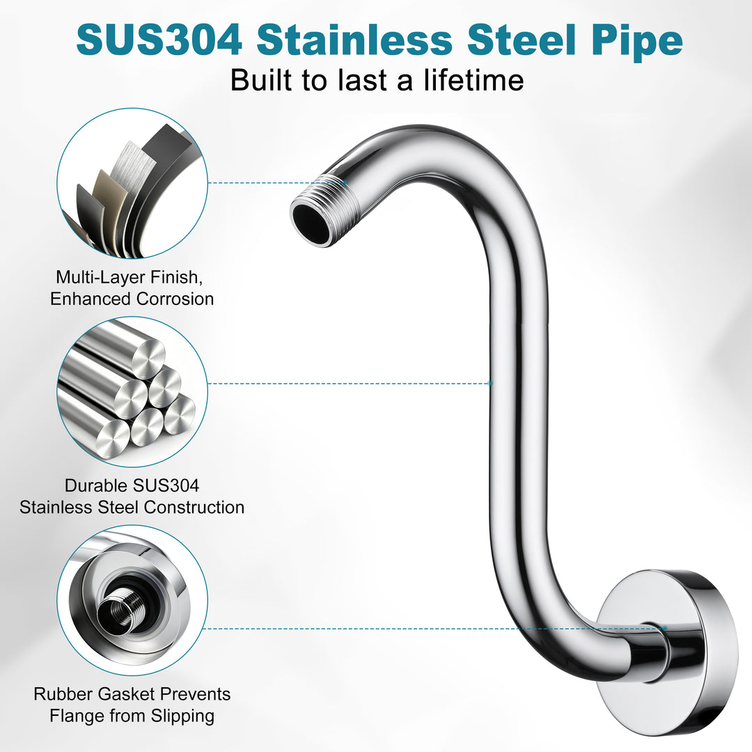 BRIGHT SHOWERS Shower Arm Extension, High Rise S-Shaped Shower Arm, Heavy-Duty SUS304 Stainless Steel, Gooseneck Shower Head Extension Arm, 6 & 8 & 10 Inch