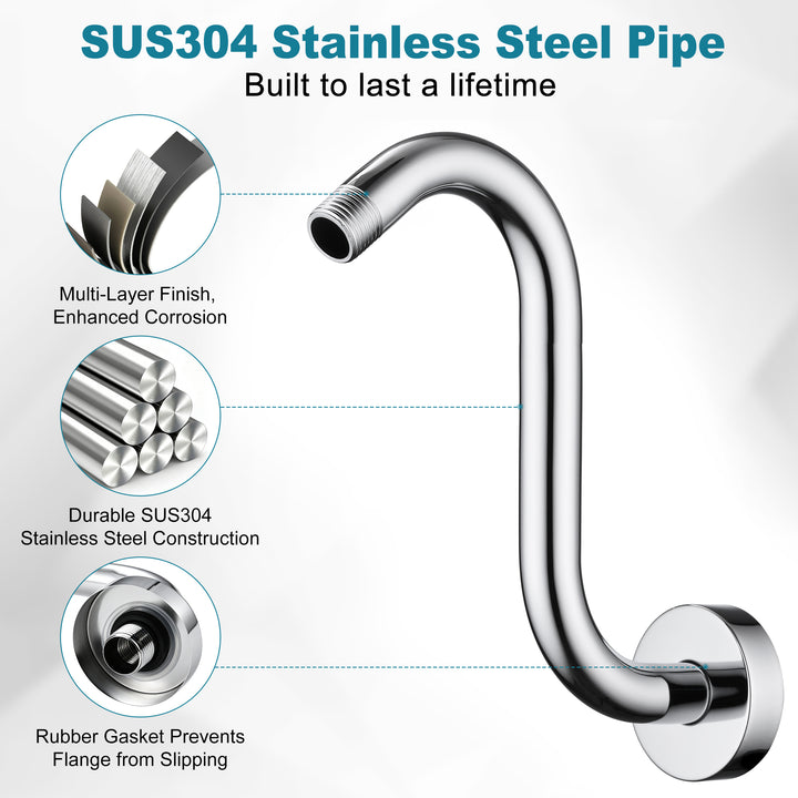 BRIGHT SHOWERS Shower Arm Extension, High Rise S-Shaped Shower Arm, Heavy-Duty SUS304 Stainless Steel, Gooseneck Shower Head Extension Arm, 6 & 8 & 10 Inch